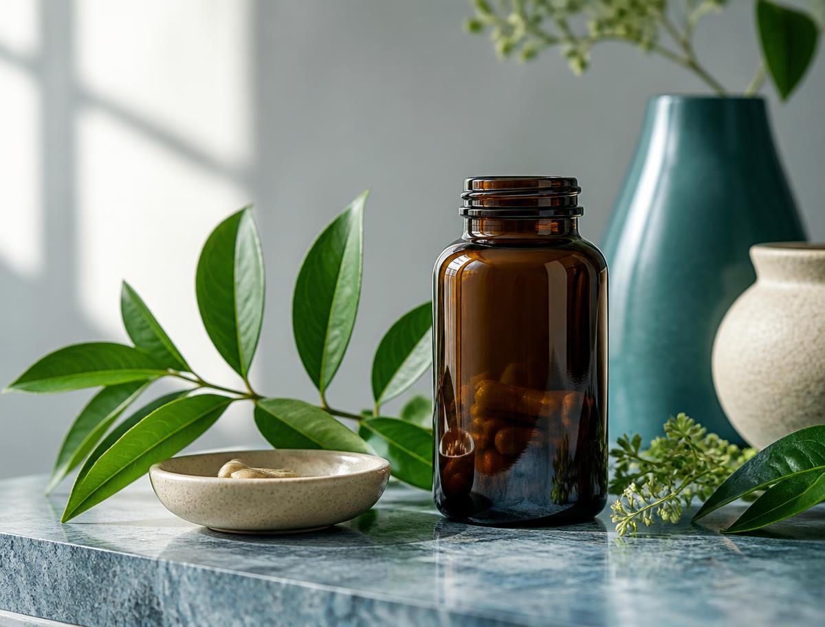 Amber bottle and botanical ingredients on a stone surface