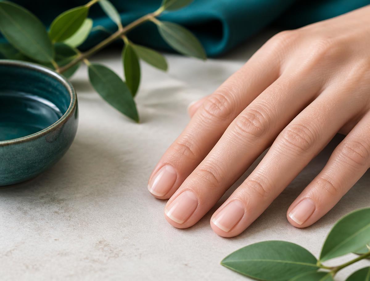 Naturally groomed nails beside botanical leaves
